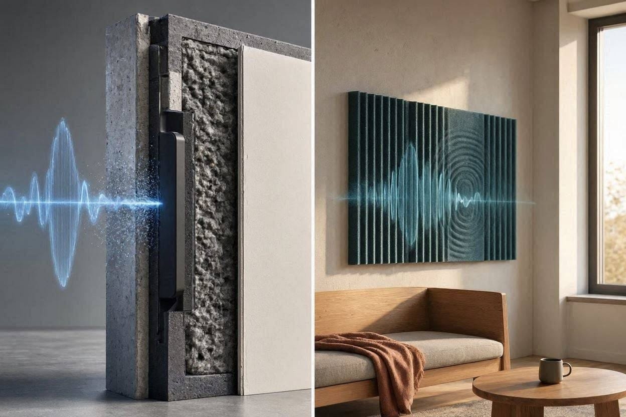 A visual comparison showing heavy soundproofing inside a wall versus soft acoustic absorption panels inside a room