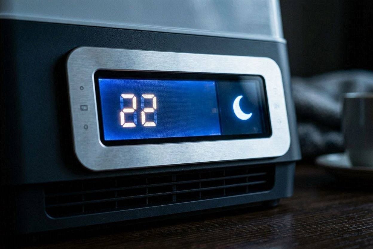 A close up of a digital thermostat on a quiet ceramic space heater showing sleep mode