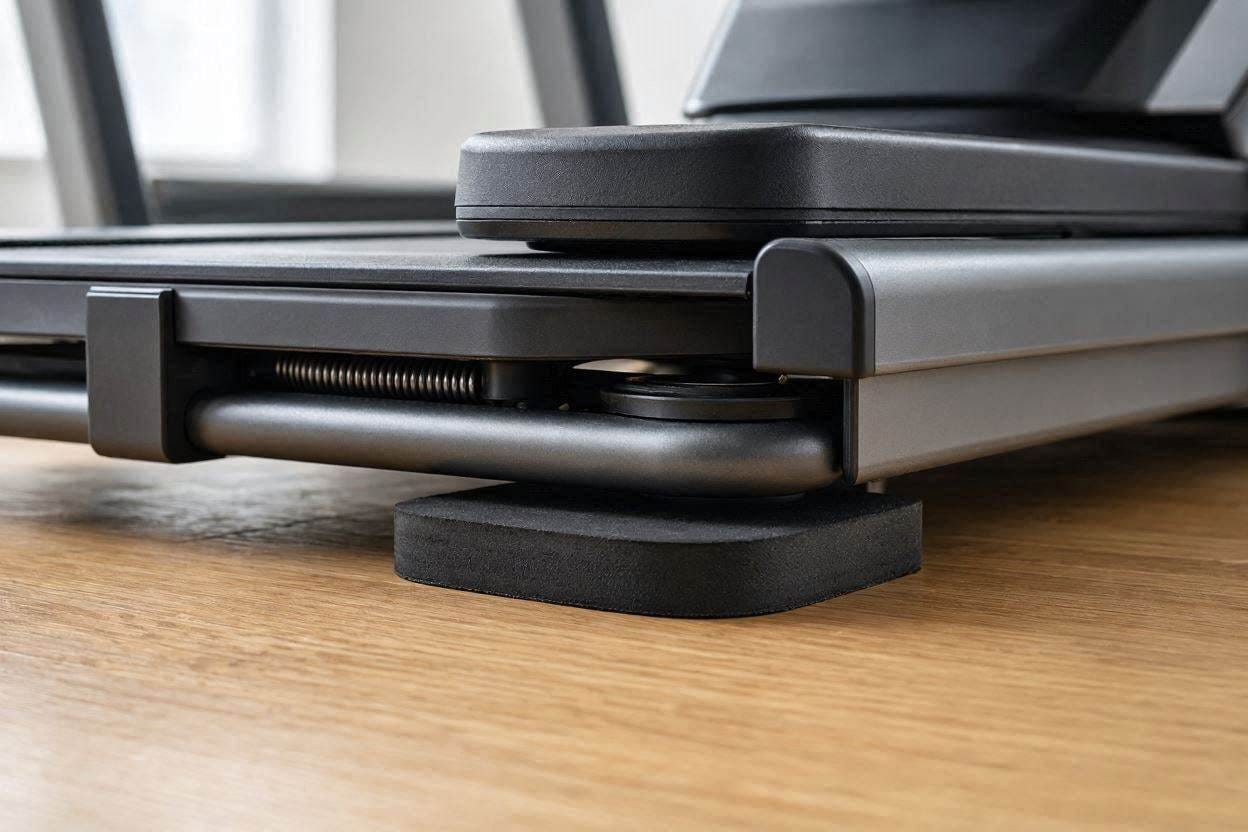 Close-up of thick acoustic rubber pads placed under a treadmill to decouple impact noise from the floorboards
