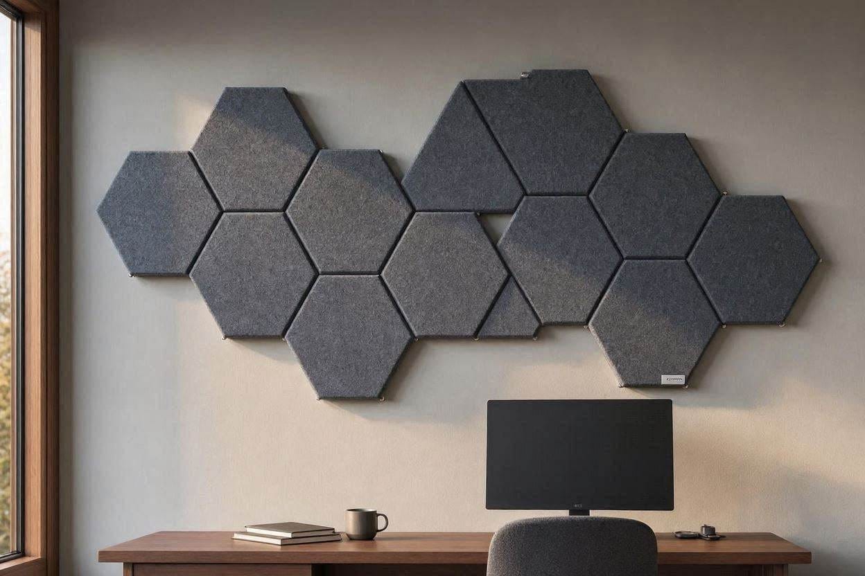 A geometric arrangement of beveled TroyStudio PET felt acoustic panels above a home office desk