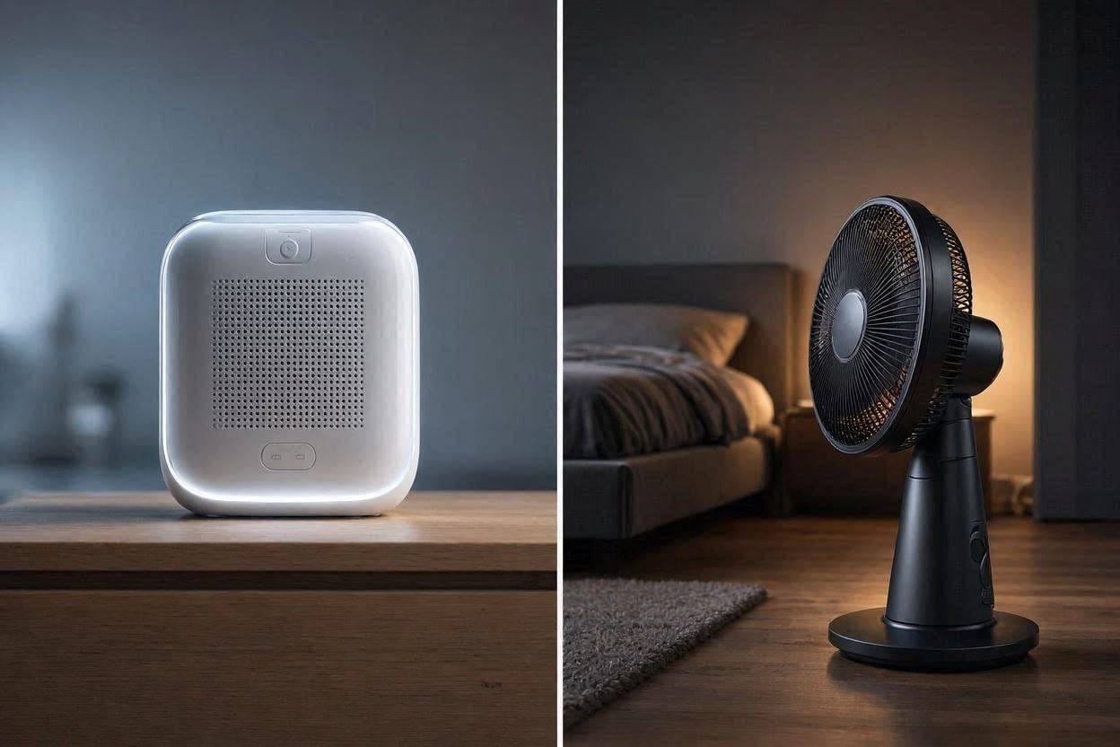 A side-by-side comparison of a modern white noise machine on a nightstand and a quiet bedroom fan