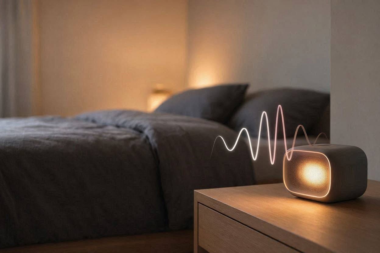 A modern sleep sound machine on a nightstand representing white, pink, and brown noise frequencies