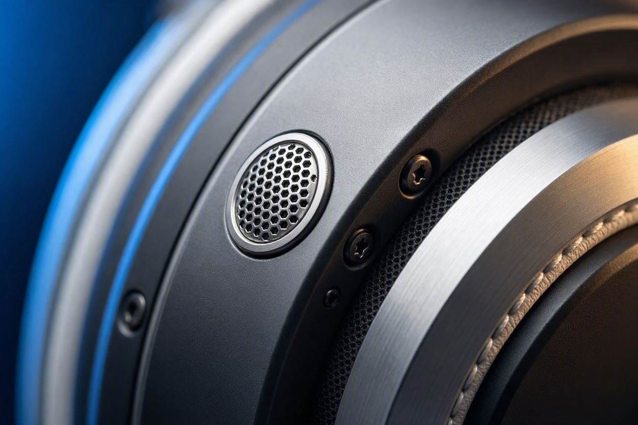 Close up of the external microphone on an active noise-canceling headphone