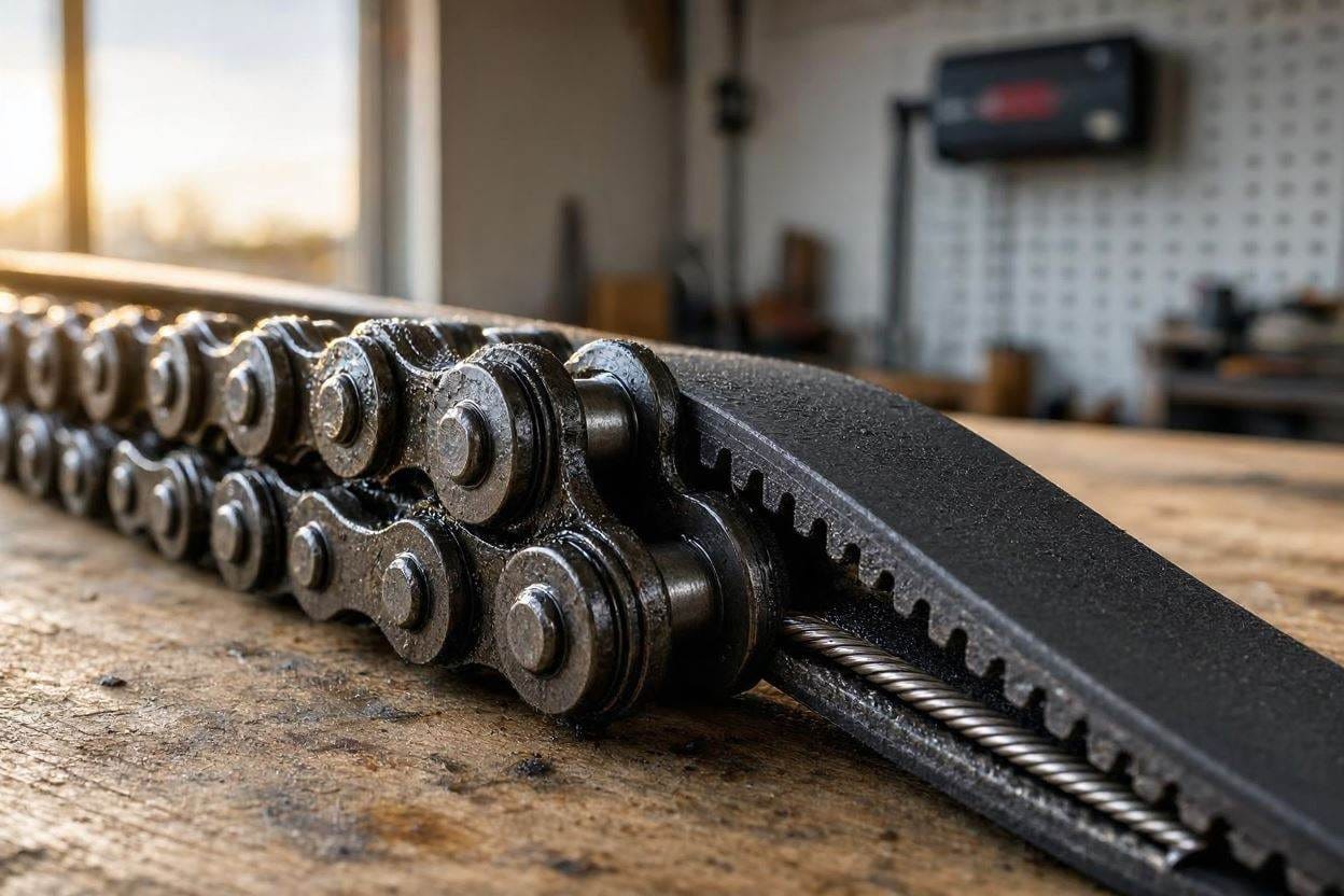 Close up comparison of a noisy metal chain drive versus a quiet rubber belt drive