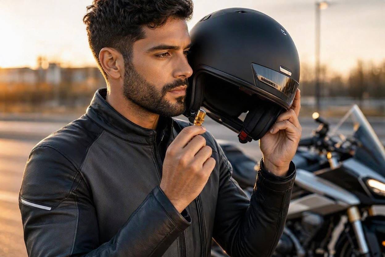 A motorcyclist holding a high-fidelity acoustic earplug to prevent wind noise damage