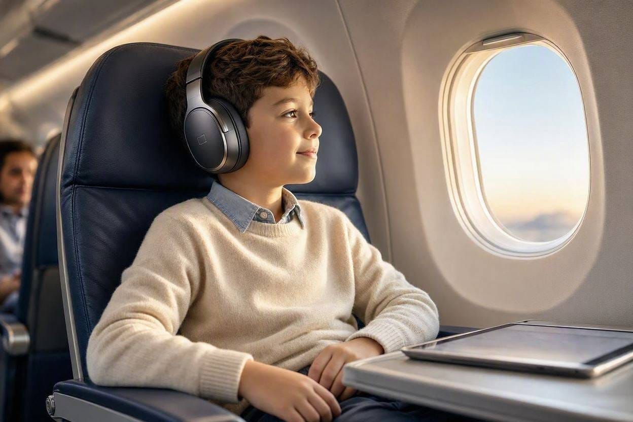 A child peacefully wearing safe noise-canceling headphones while traveling in a busy airport