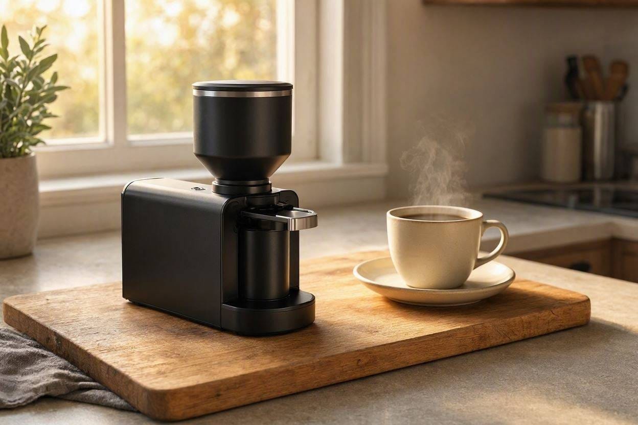 A sleek, quiet burr coffee grinder sitting on a kitchen counter in the early morning light