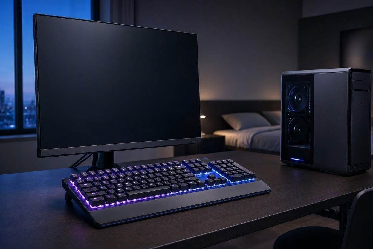 A stealthy, quiet RGB mechanical gaming keyboard glowing on a dark desk at night