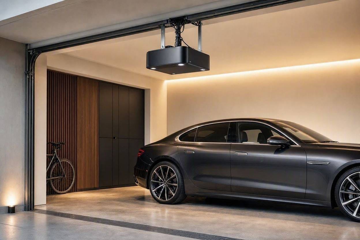 A modern, ultra-quiet belt drive garage door opener installed in a clean residential garage
