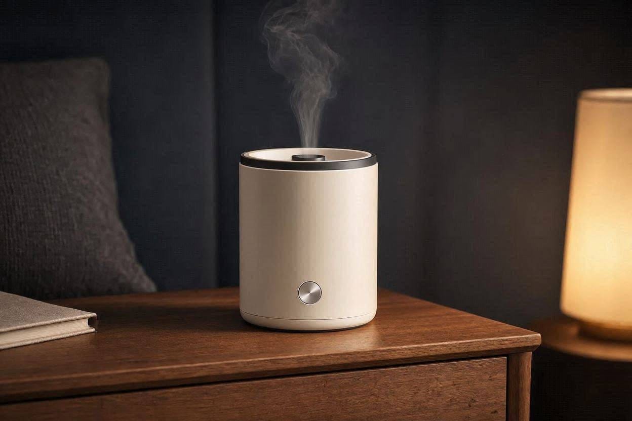 A sleek, quiet ultrasonic humidifier releasing a gentle mist on a bedroom nightstand
