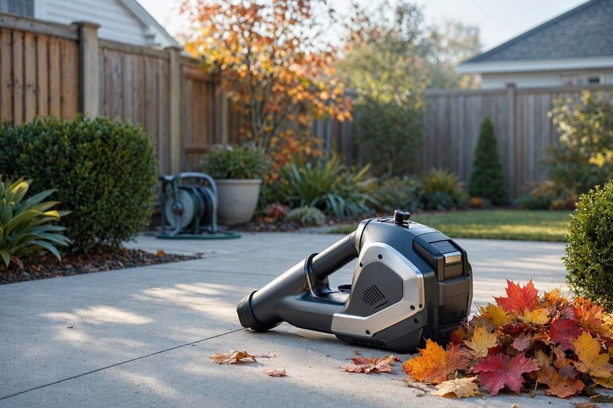 A modern, quiet battery-powered leaf blower sitting on a patio next to autumn leaves