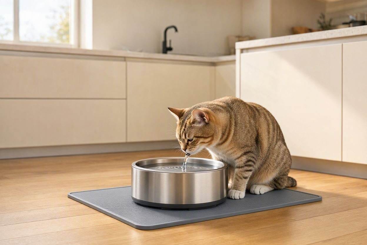 A sleek, silent stainless steel pet water fountain in a modern kitchen