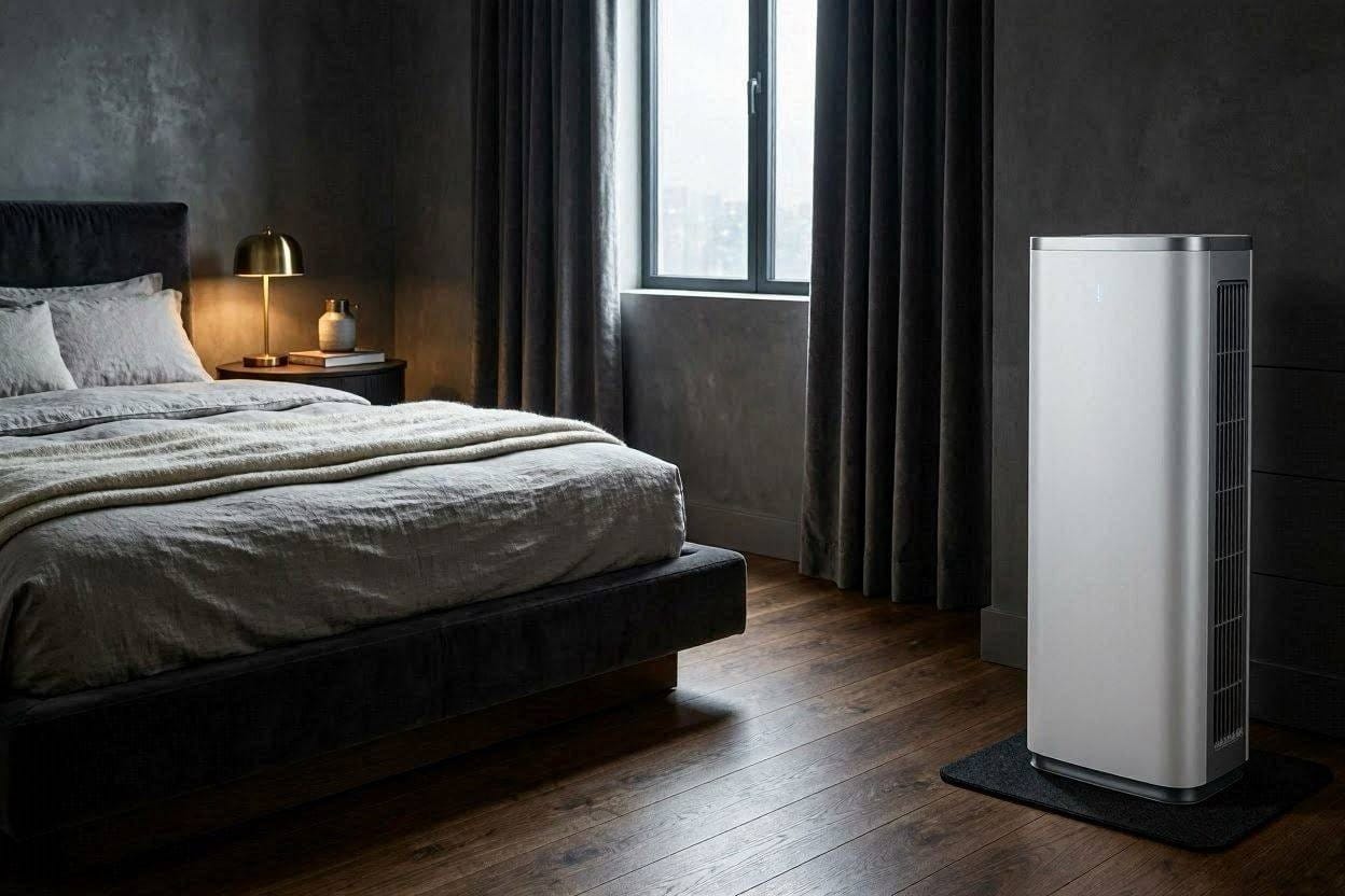 A sleek portable air conditioner cooling a dark, peaceful bedroom at night