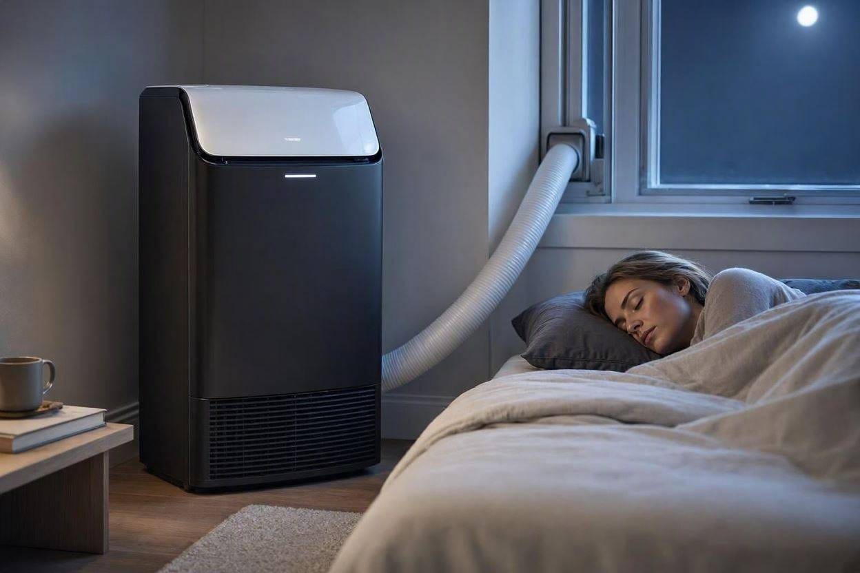 A sleek, quiet portable air conditioner running silently in a modern, moonlit bedroom