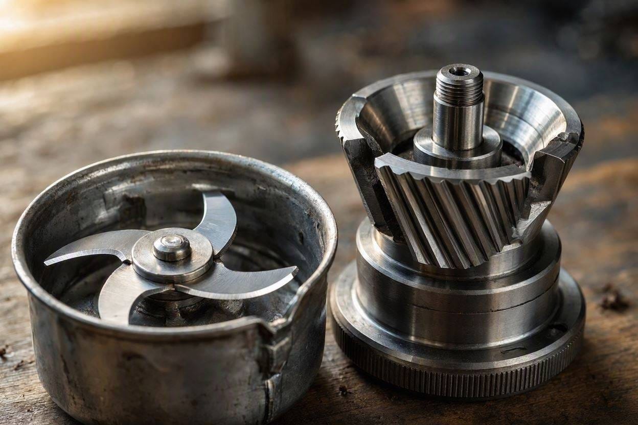 Close up comparison of a loud blade grinder versus a quiet conical burr grinder