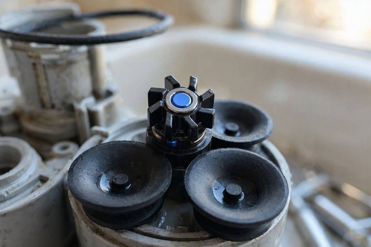 Close up of a quiet, brushless pet fountain pump with rubber anti-vibration mounts