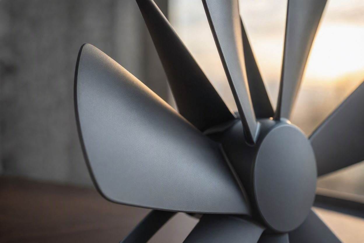 Close up of aerodynamic fan blades designed for whisper-quiet airflow