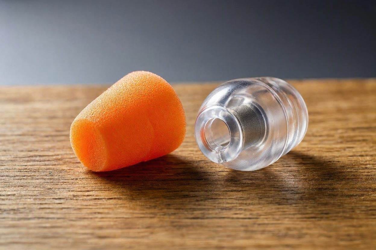A visual comparison of a cheap foam earplug versus a premium high-fidelity acoustic earplug
