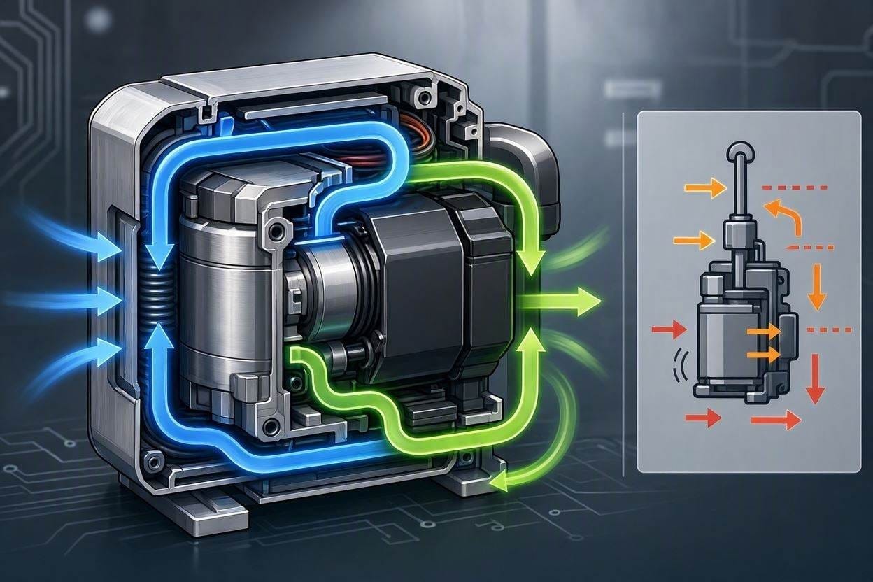 A diagram illustrating how an inverter compressor operates smoothly to reduce noise in a portable AC