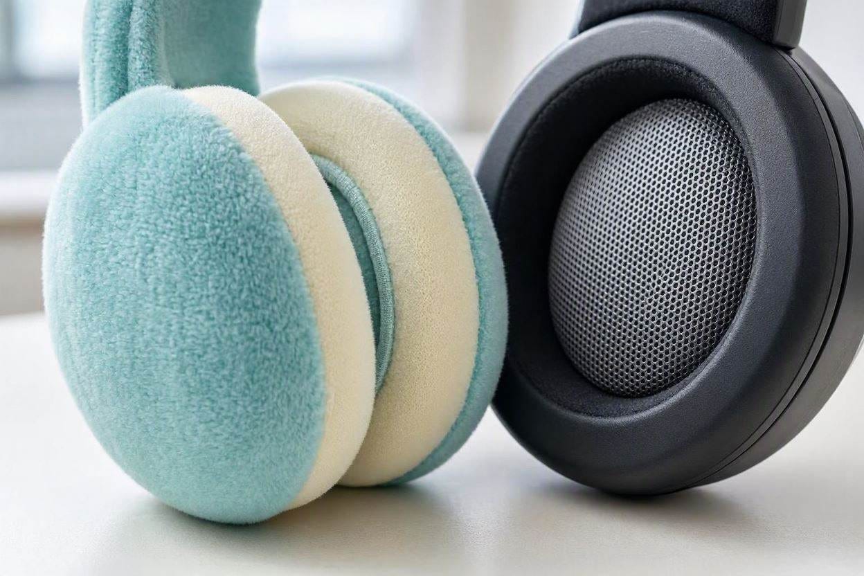 Close up of thick acoustic padding on children's sensory earmuffs designed to block dangerous decibel levels