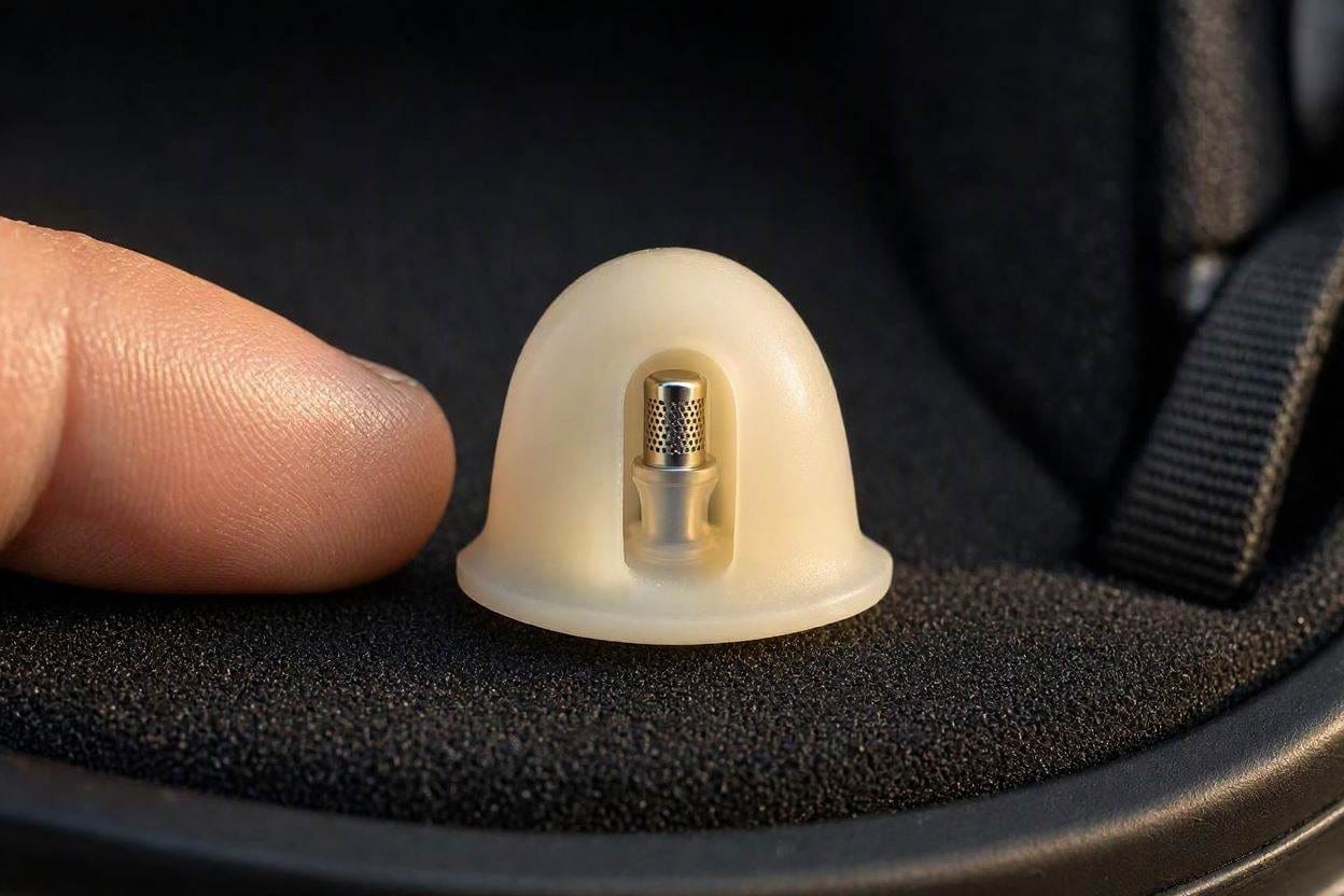 Close up of a low-profile motorcycle earplug designed to fit comfortably under a tight helmet