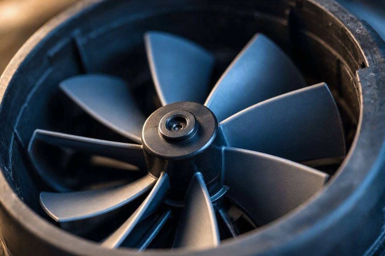 Close up of the aerodynamic turbine fan inside a quiet electric leaf blower