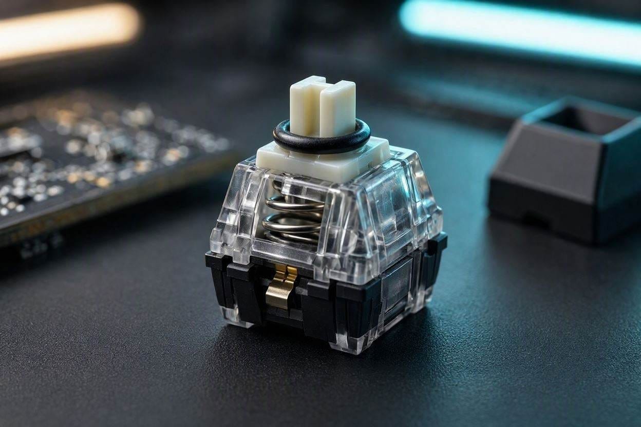 Close up of a silent mechanical keyboard switch featuring a rubber sound-dampening O-ring