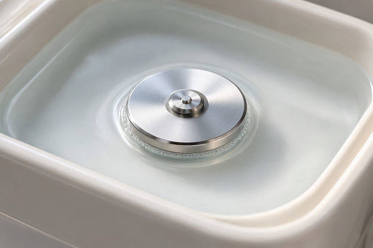 Close up of a metallic ultrasonic disc inside a quiet bedroom humidifier