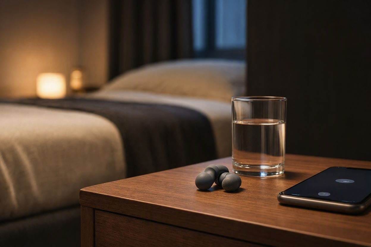 Soft silicone sleep earplugs resting on a nightstand to block a snoring partner