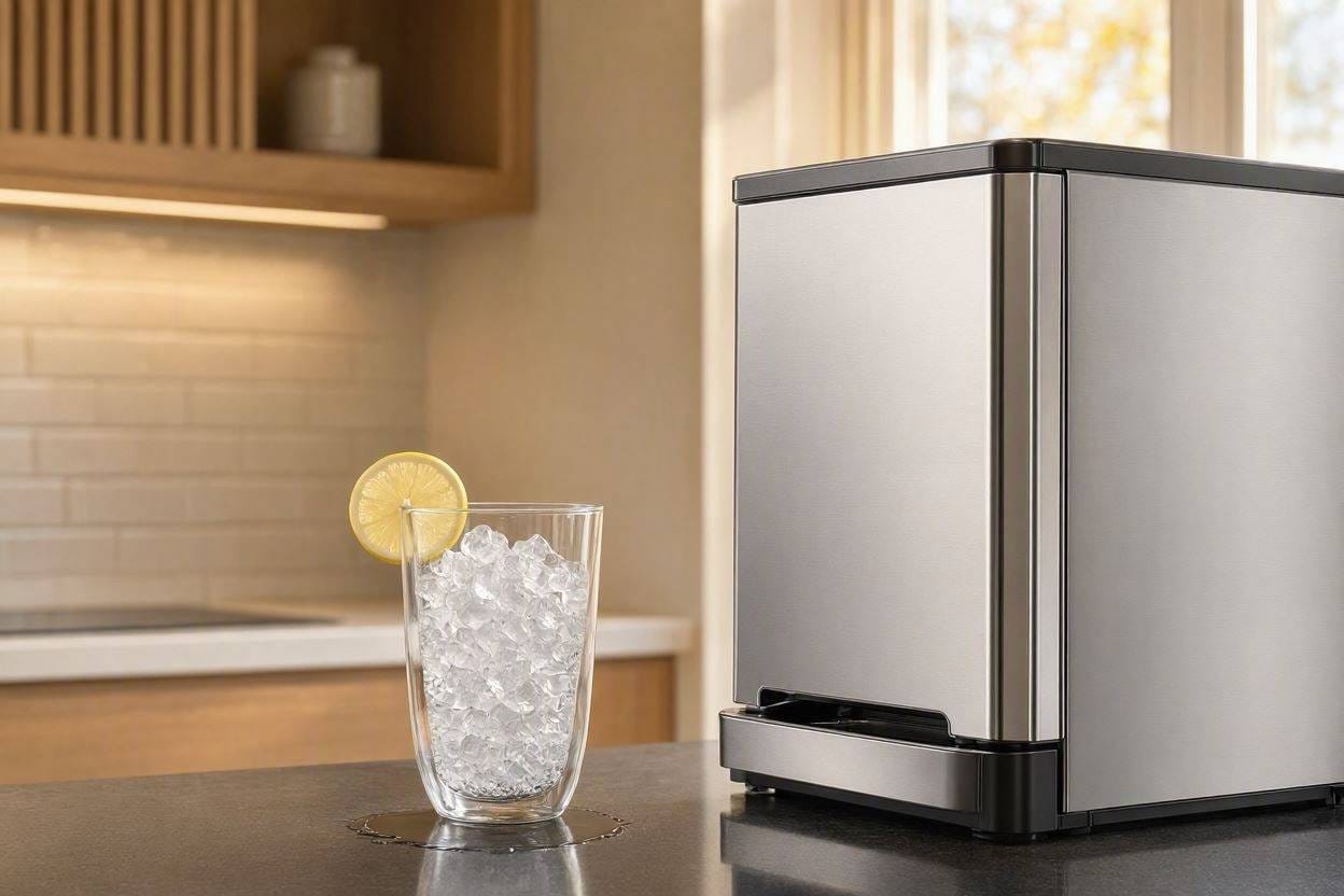 A sleek, quiet countertop ice maker producing nugget ice in a modern kitchen
