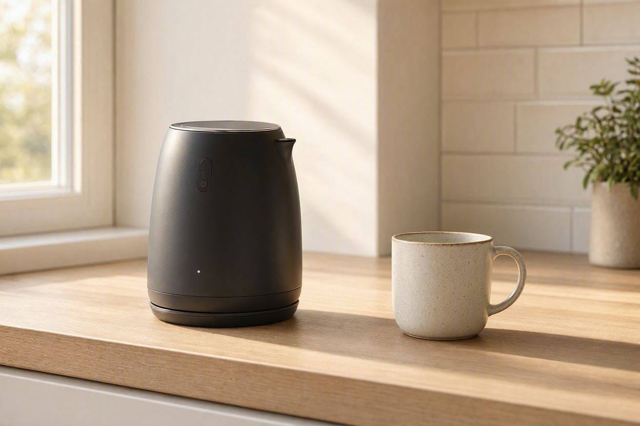 A sleek, quiet electric kettle sitting on a kitchen counter in the peaceful early morning light