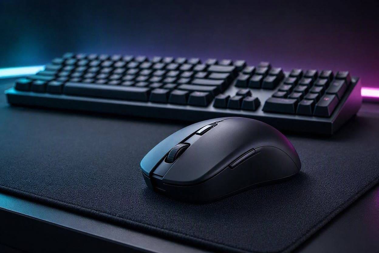 A sleek, quiet wireless gaming mouse glowing softly on a dark desk at night