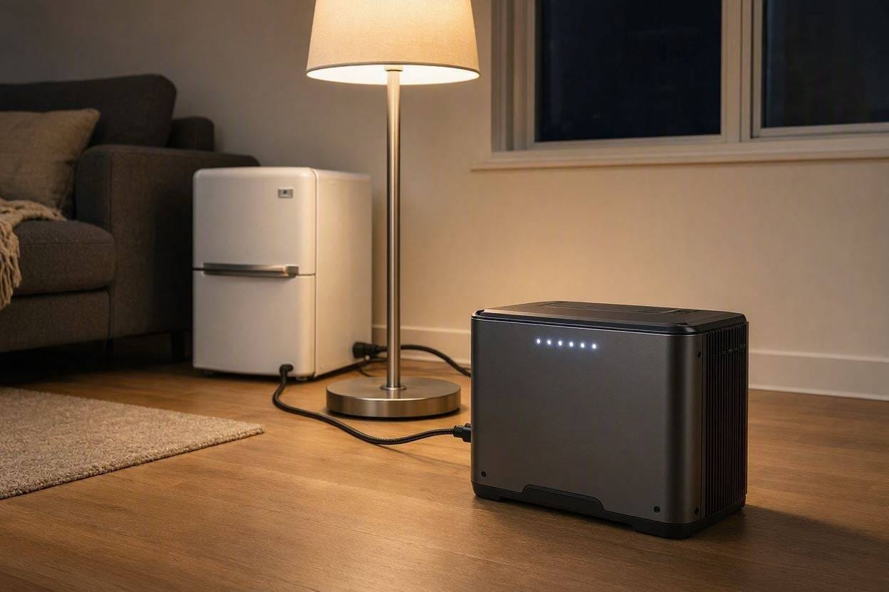 A silent portable power station running household appliances indoors during a blackout