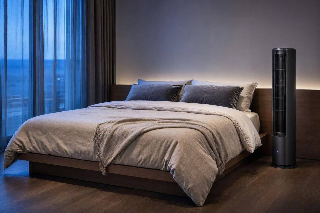 A sleek, modern quiet tower fan operating silently in a cozy bedroom at night