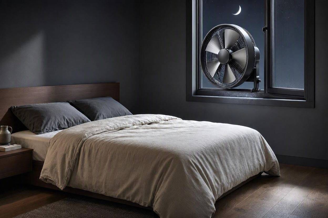 A sleek, quiet window fan operating silently in a cozy bedroom at night