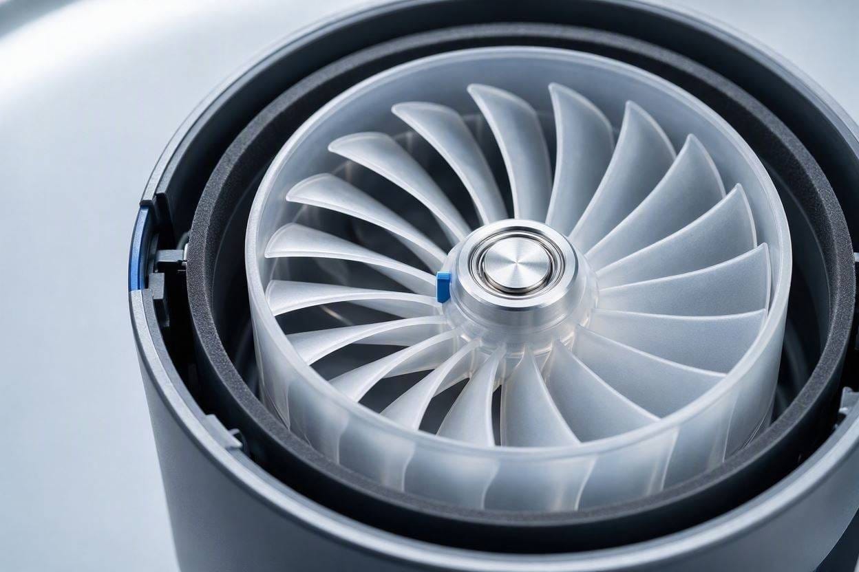 Close up of the internal cylindrical impeller wheel that makes a tower fan quiet