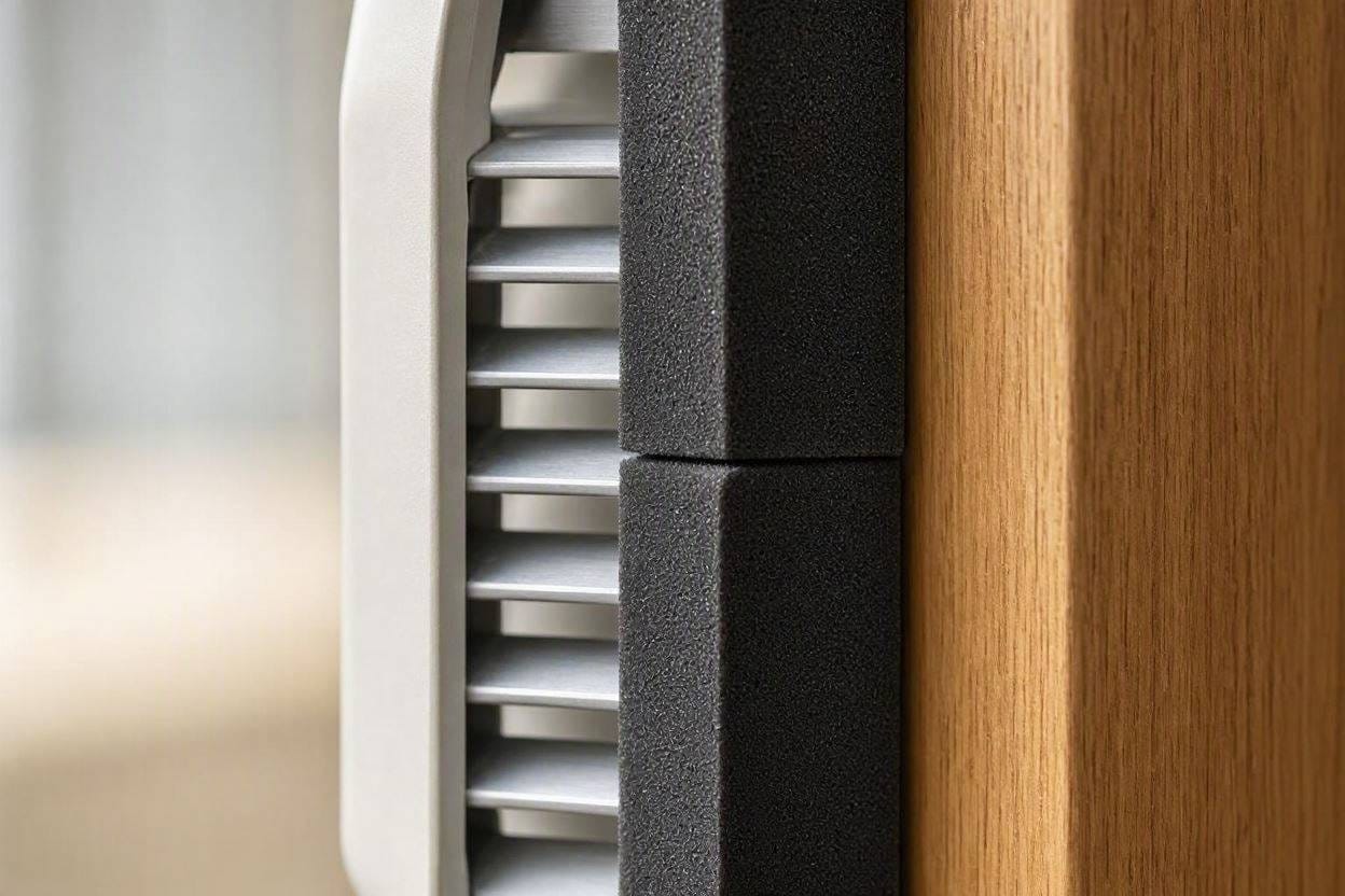 Close up of thick acoustic weatherstripping decoupling a window fan from the window frame to prevent rattling