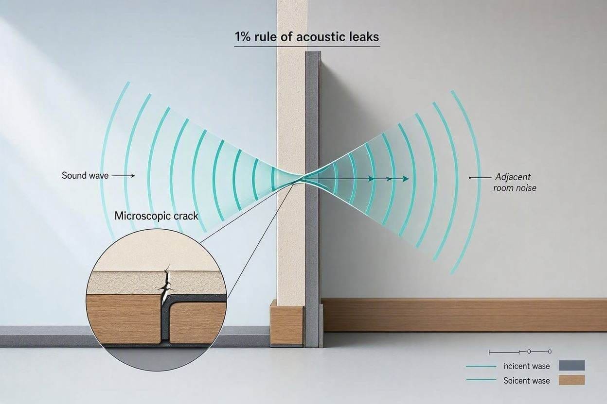 A physics diagram showing how sound waves leak through uncaulked wall seams