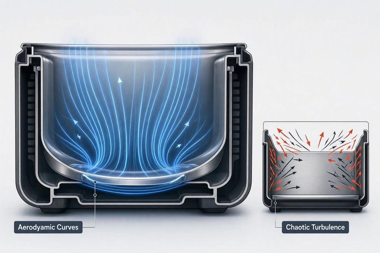 Diagram showing how aerodynamic air fryer baskets reduce wind turbulence and noise