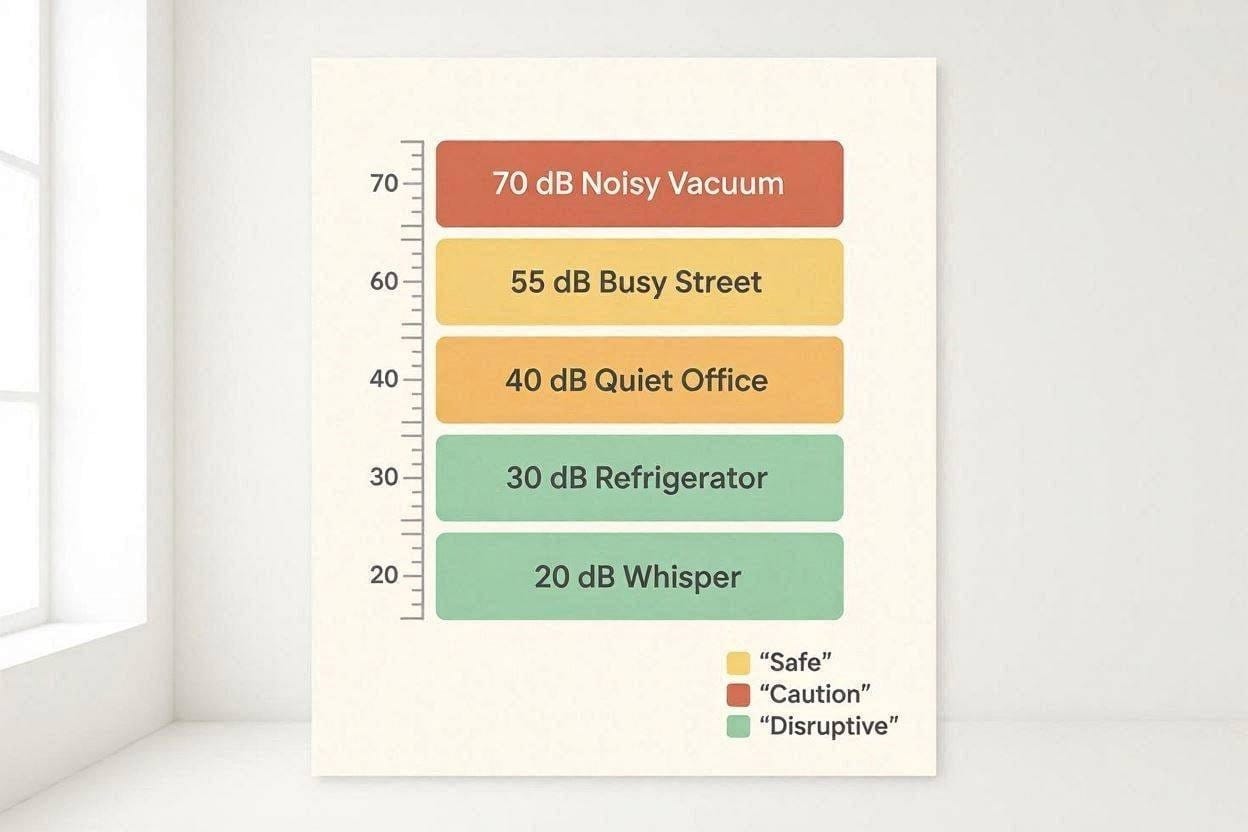 A chart showing sleep-safe decibel levels compared to common household noises