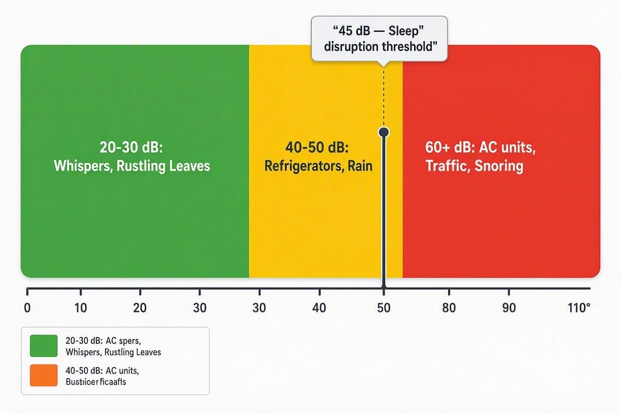 An infographic chart comparing household decibel levels and showing the safe threshold for sleep