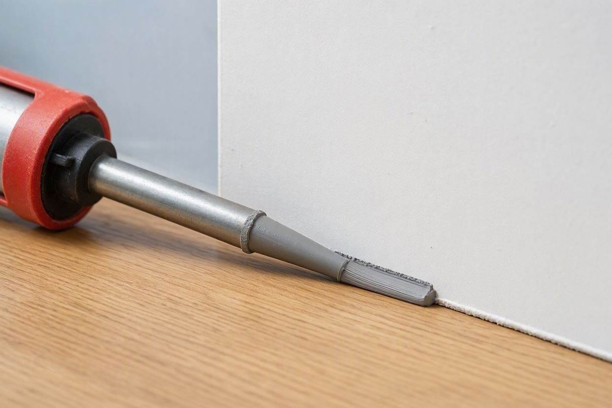 Applying acoustic caulk to a drywall perimeter gap to stop flanking noise