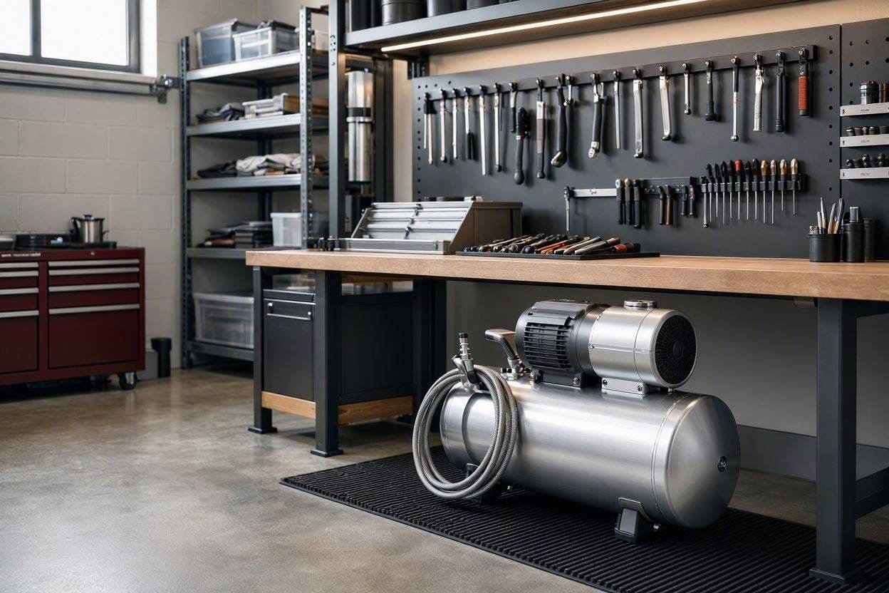 A modern, ultra-quiet air compressor sitting in a clean home garage workshop