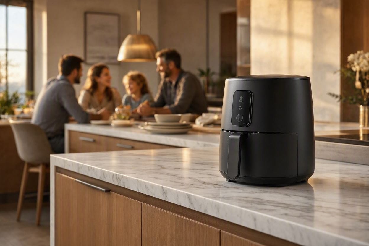 A sleek, quiet air fryer cooking dinner on a marble countertop in a peaceful modern kitchen