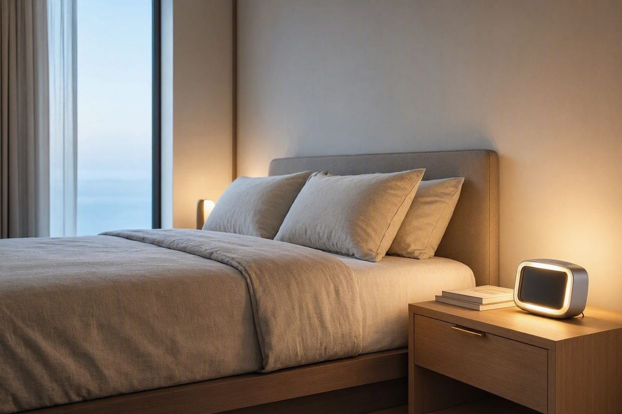 A sleek sunrise alarm clock glowing softly on a nightstand in a peaceful bedroom