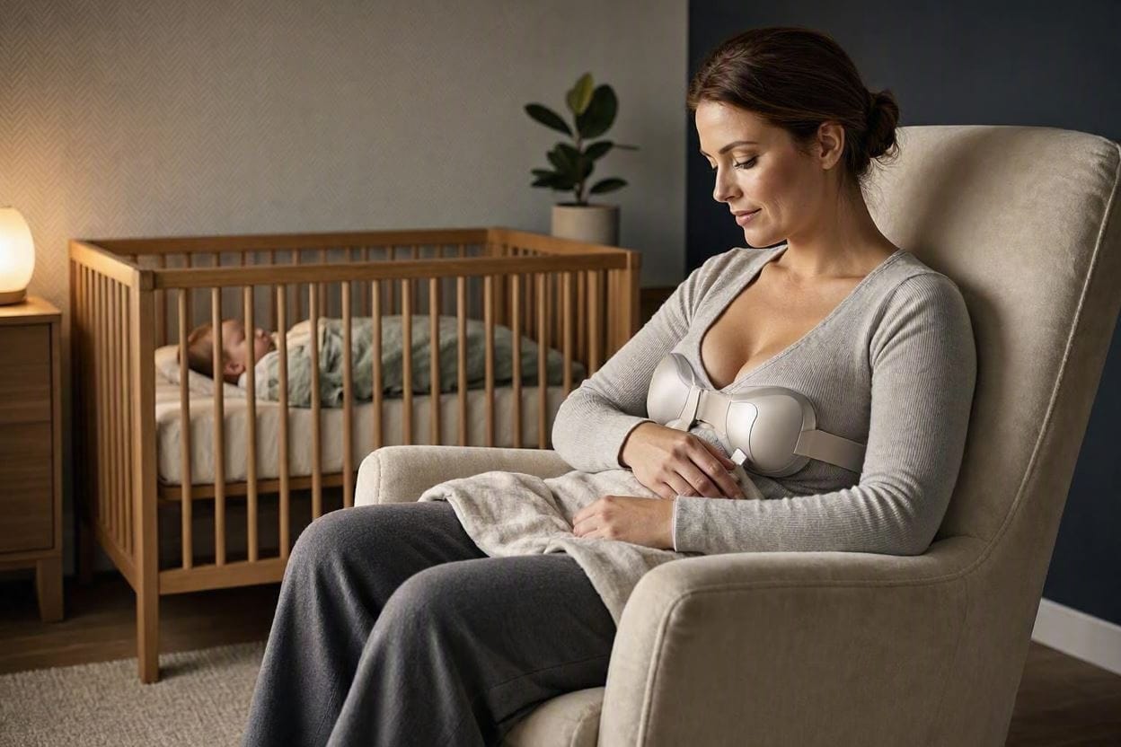 A mother using a quiet wearable breast pump in a peaceful nursery while her baby sleeps