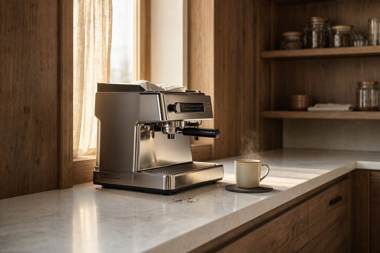 A sleek, quiet espresso machine resting on a kitchen counter in the peaceful early morning light