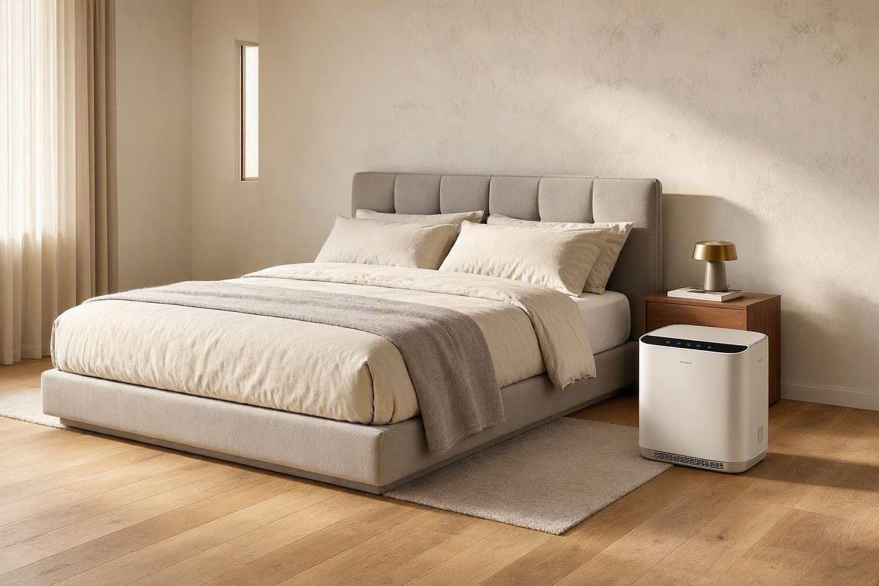 A sleek, modern quiet dehumidifier running silently in a cozy bedroom