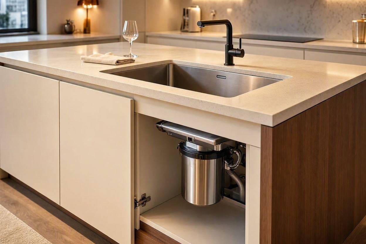 A modern, ultra-quiet garbage disposal installed beneath a pristine kitchen sink