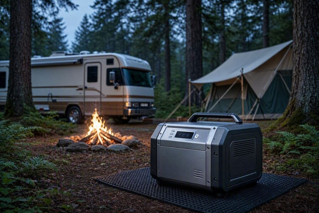 A sleek, ultra-quiet inverter generator running peacefully at a forest campsite at dusk